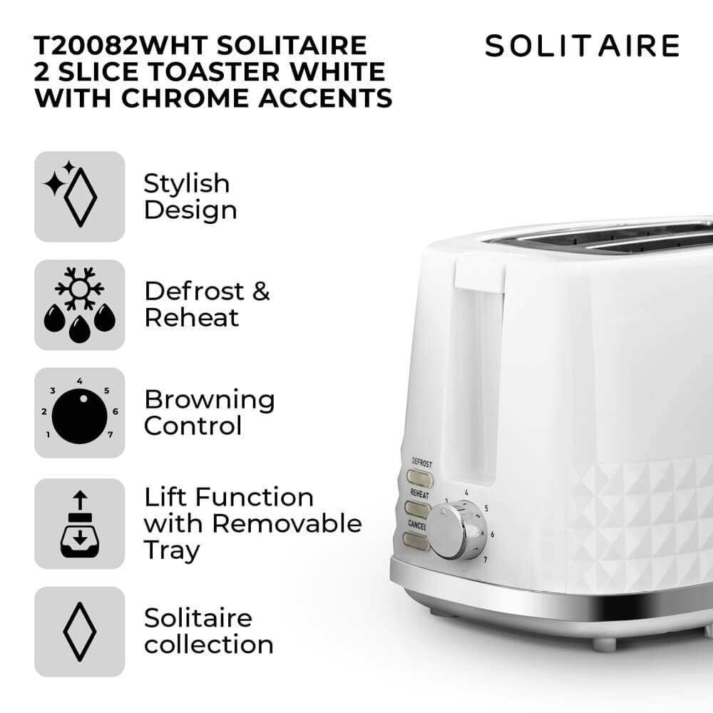 Tower Solitaire White 2 Slice Toaster